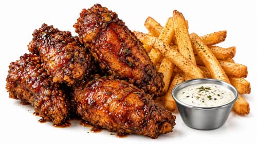 Sauced chicken wings with seasoned fries and ranch