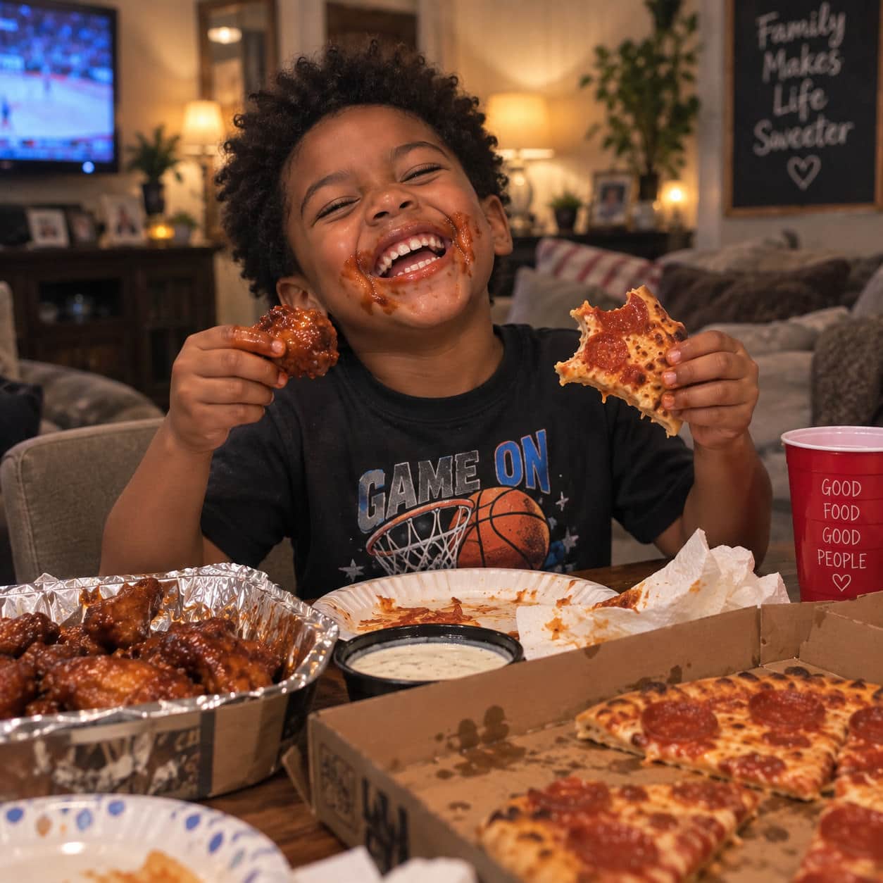 A smiling boy enjoying a chicken wing and a slice of pizza